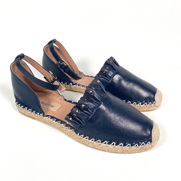 Valentino Garavani Shoes - VALENTINO GARAVANI - ROCKSTUD NAVY BLUE LEATHER ESPADRILLES - SZ 38